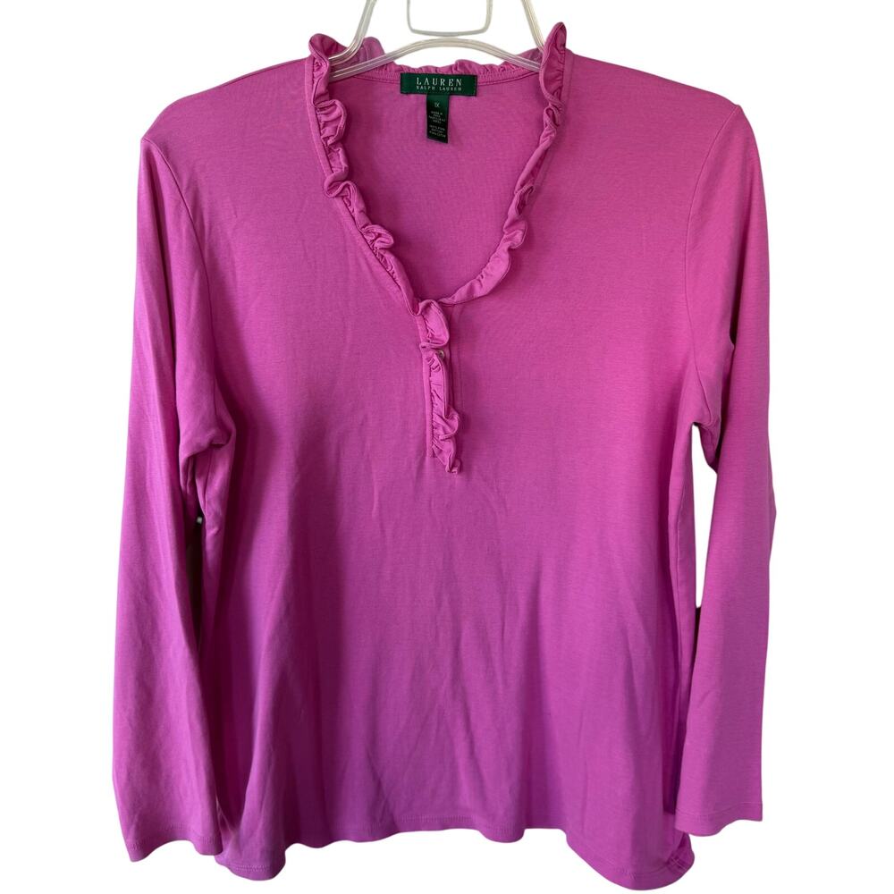 Lauren Ralph Lauren Fuchsia Ruffle V-Neck Long Sleeve Top